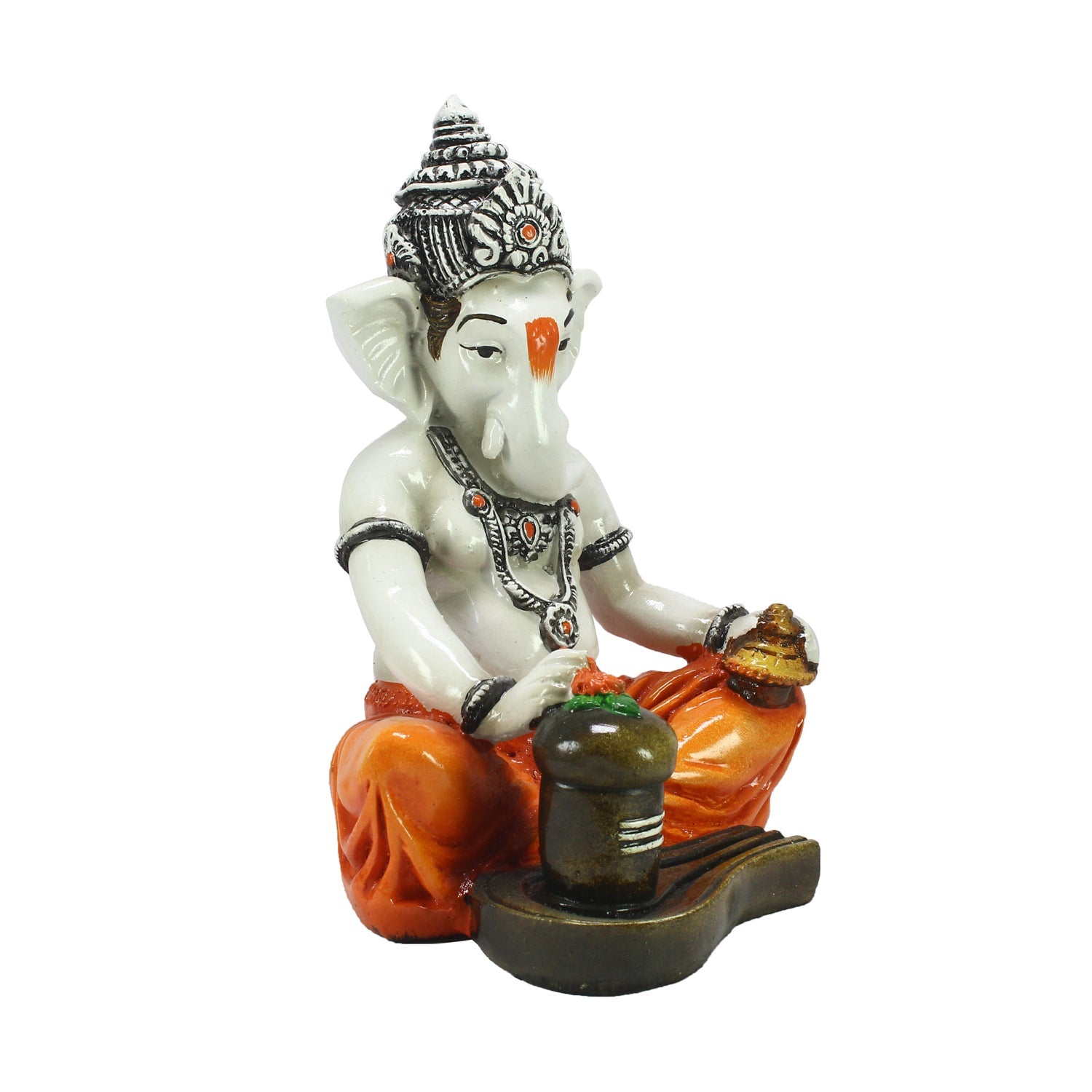 Orange Polyresin Lord Ganesha Murti performing Lord Shiv Pooja Kafalo
