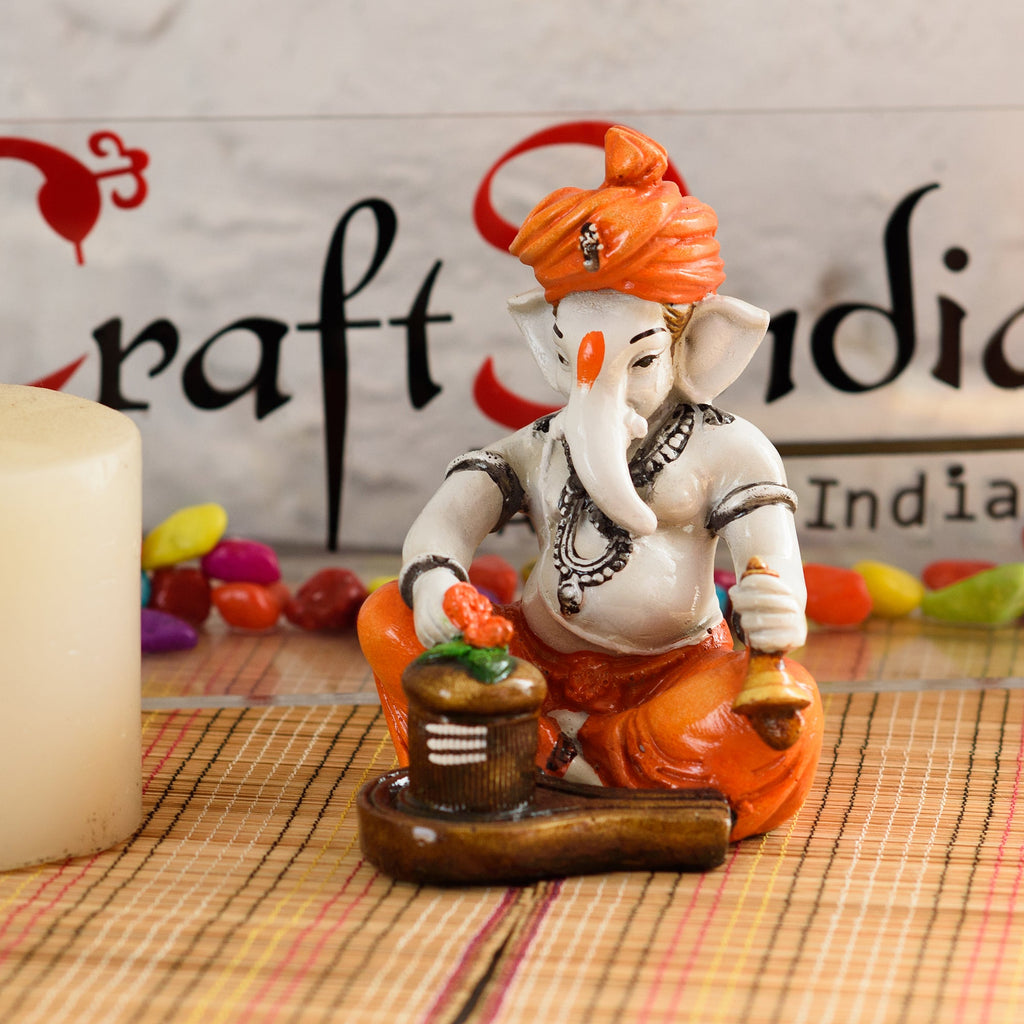 Orange Polyresin Lord Ganesha Idol Worshipping Lord Shiv Pooja Kafalo