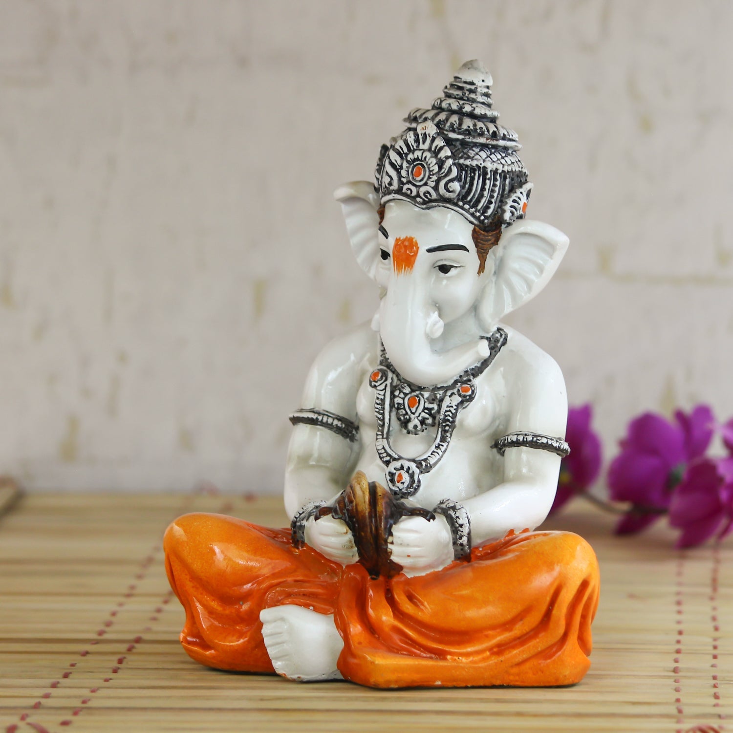 Lord Ganesha Statue Playing Manjeera Decorative Polyresin God Idol Kafalo