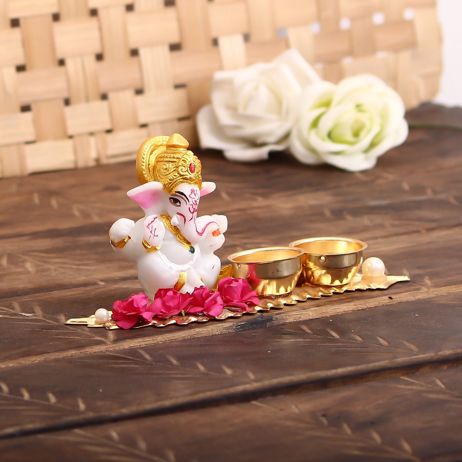 Lord Ganesha Idol On Decorative Haldi Kumkum Holder For Auspicious Offerings Kafalo