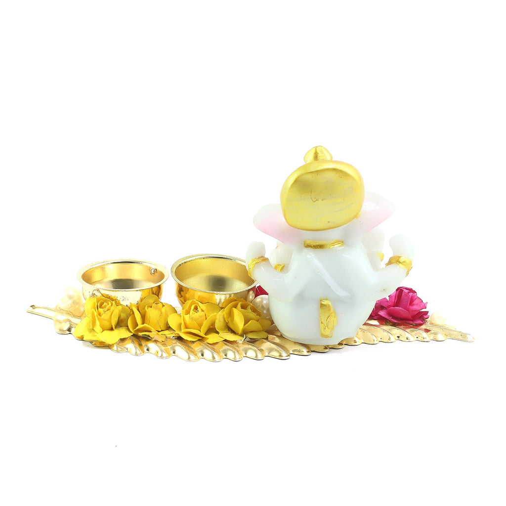 Lord Ganesha Idol On Decorative Haldi Kumkum Holder For Auspicious Offerings Kafalo