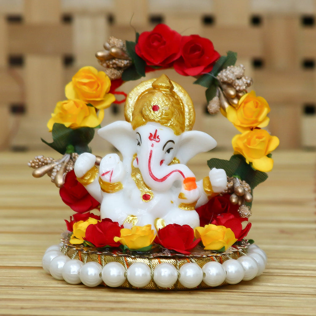 Polyresin Lord Ganesha Idol on Decorative Handcrafted Rose Flower Plate for Home and Car Dashboard Kafalo