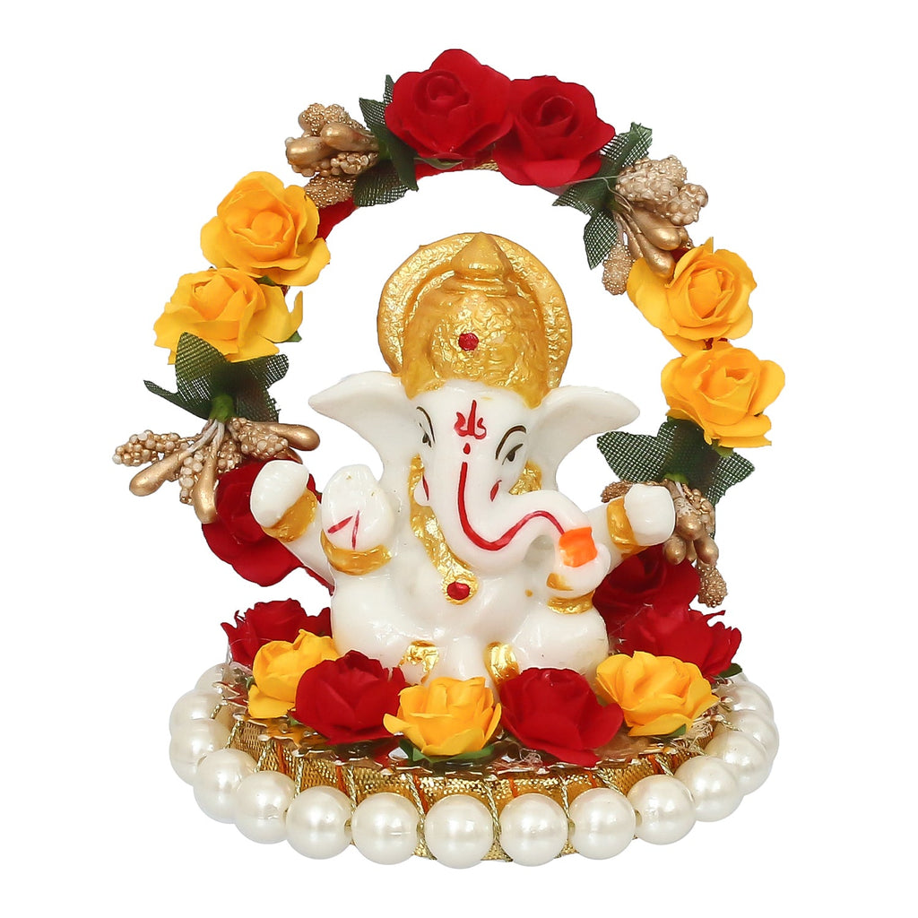 Polyresin Lord Ganesha Idol on Decorative Handcrafted Rose Flower Plate for Home and Car Dashboard Kafalo