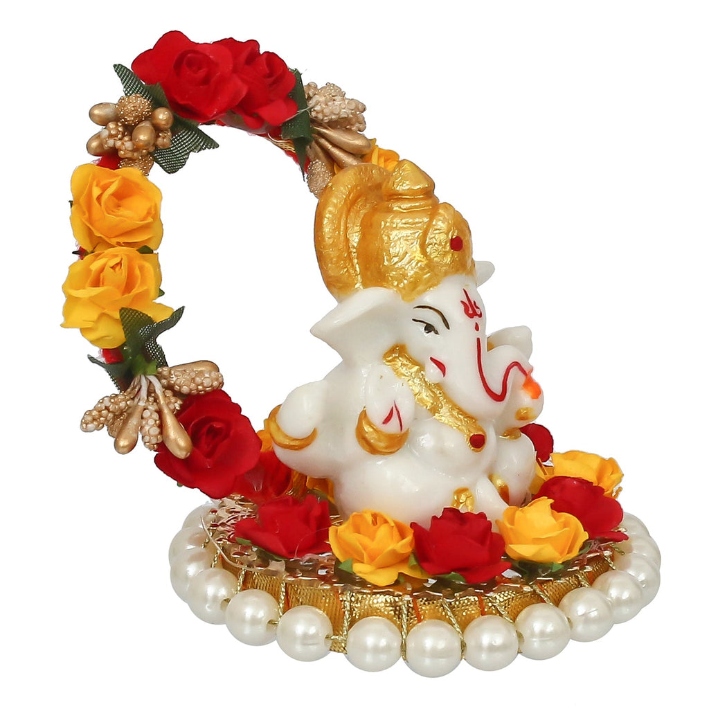 Polyresin Lord Ganesha Idol on Decorative Handcrafted Rose Flower Plate for Home and Car Dashboard Kafalo