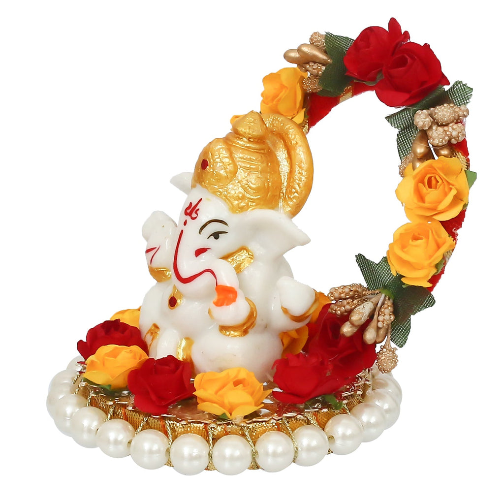 Polyresin Lord Ganesha Idol on Decorative Handcrafted Rose Flower Plate for Home and Car Dashboard Kafalo