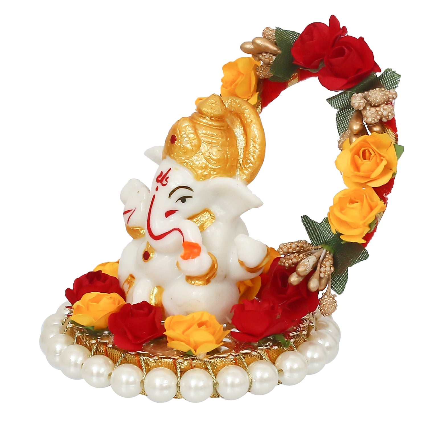 Polyresin Lord Ganesha Idol on Decorative Handcrafted Rose Flower Plate for Home and Car Dashboard Kafalo