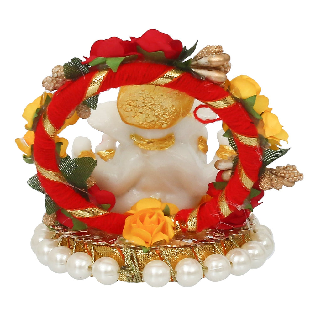 Polyresin Lord Ganesha Idol on Decorative Handcrafted Rose Flower Plate for Home and Car Dashboard Kafalo