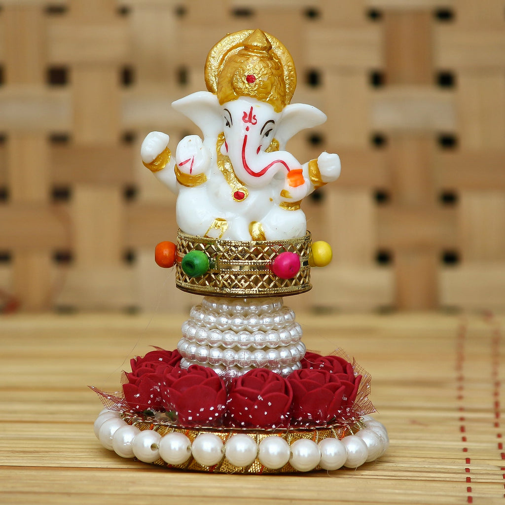 Polyresin Lord Ganesha Idol on Decorative Handcrafted Plate for Home, Office and Car Dashboard Kafalo