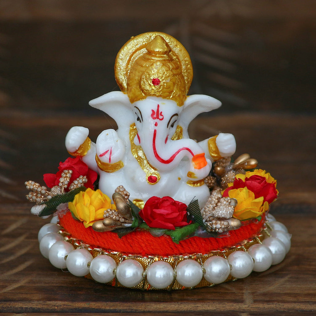 Polyresin Lord Ganesha Statue on Decorative Handcrafted Plate for Home, Office and Car Dashboard Kafalo