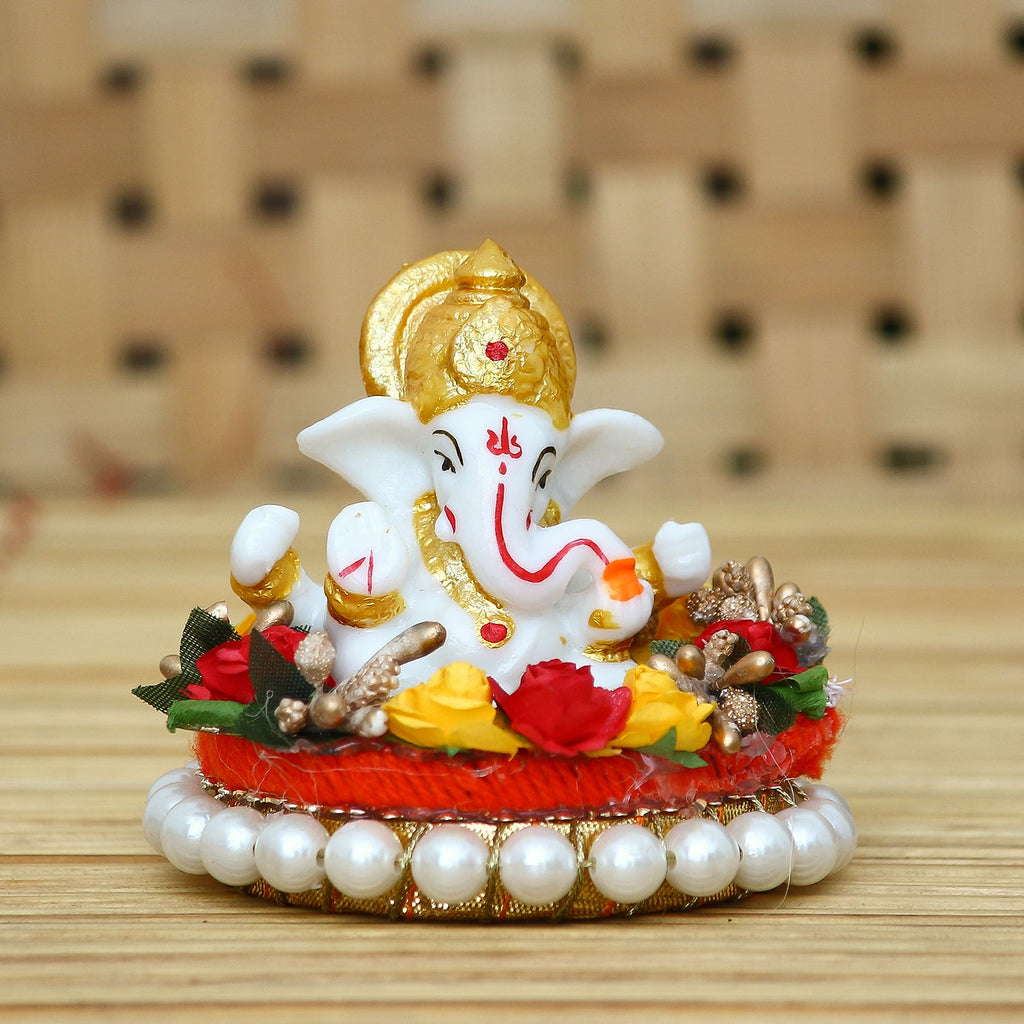 Polyresin Lord Ganesha Statue on Decorative Handcrafted Plate for Home, Office and Car Dashboard Kafalo