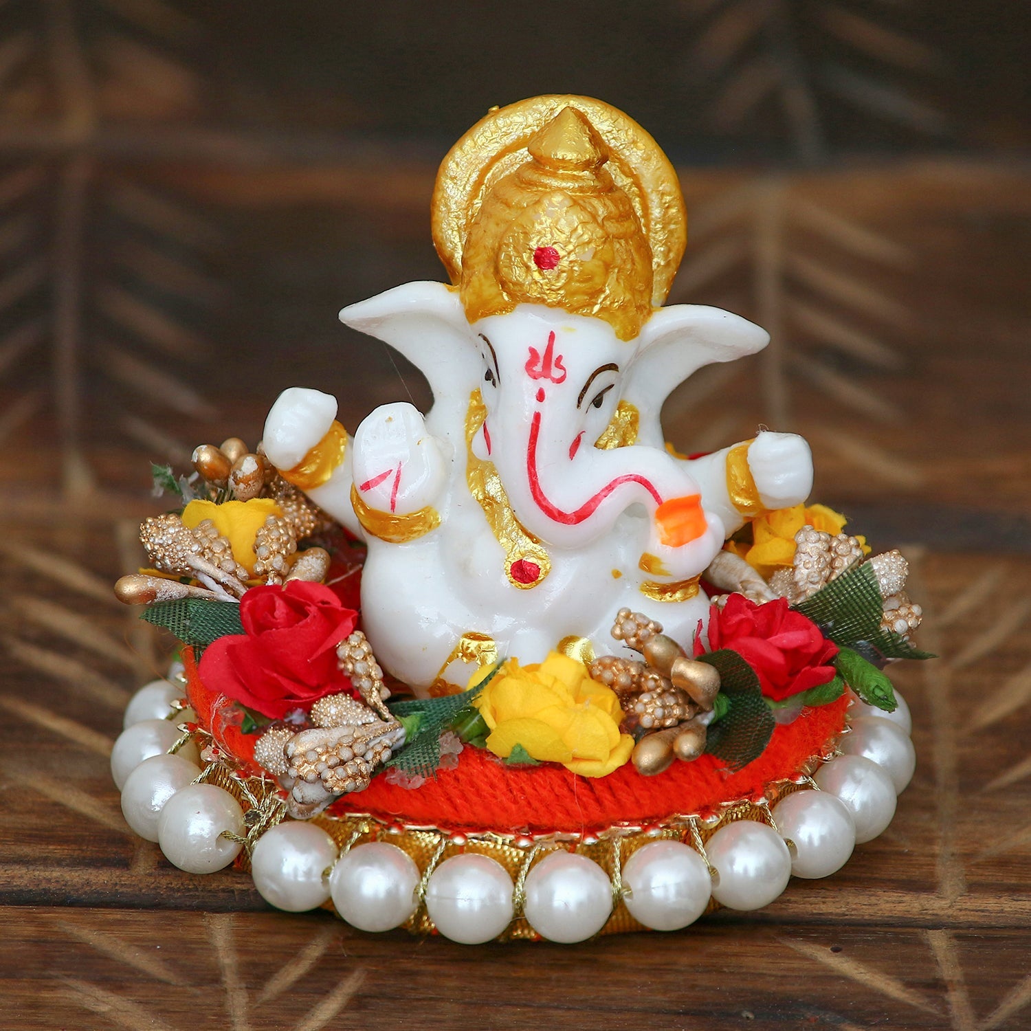 Polyresin Lord Ganesha Statue on Decorative Handcrafted Plate for Home, Office and Car Dashboard Kafalo