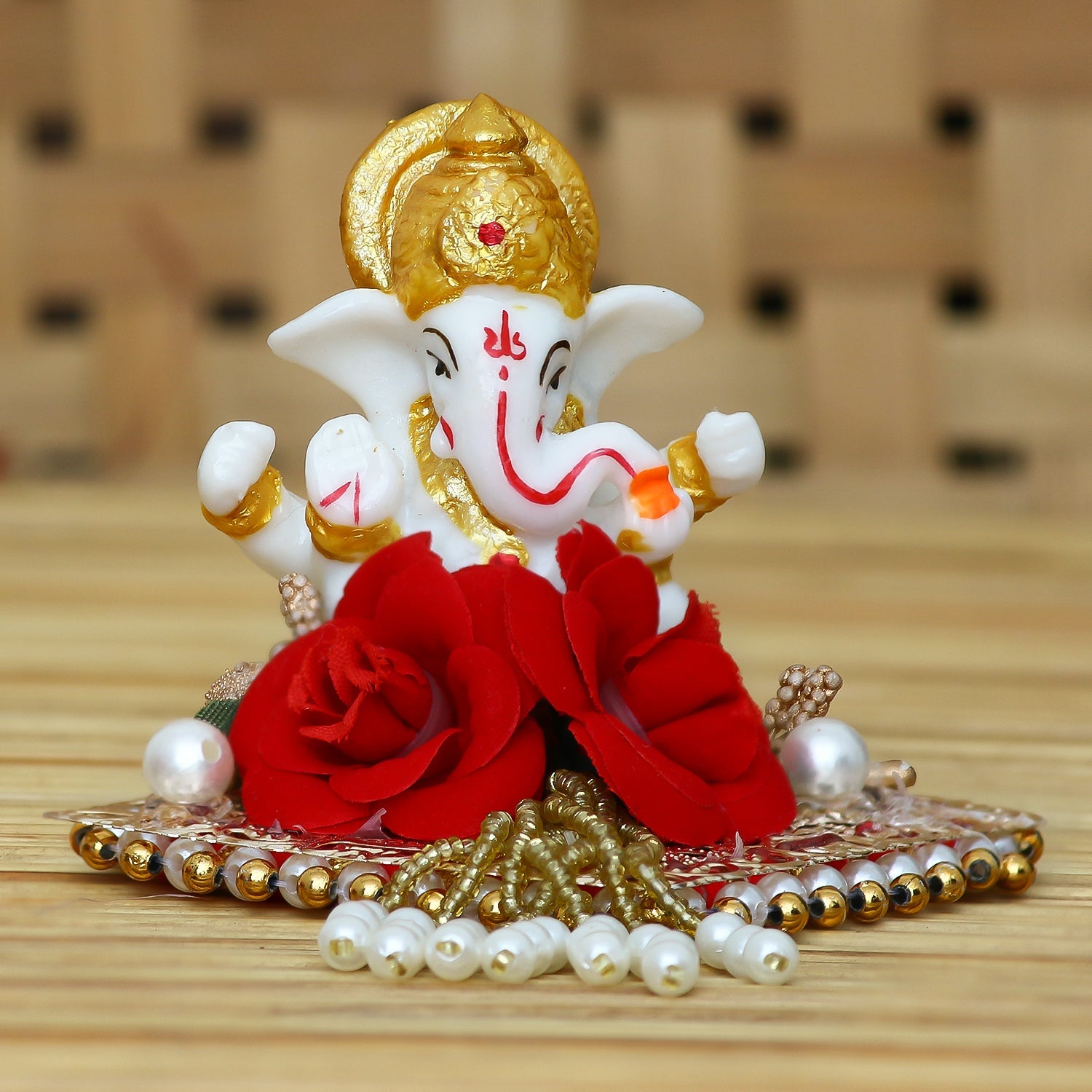 Polyresin Lord Ganesha Idol on Decorative Handcrafted Plate for Home and Car Dashboard Kafalo
