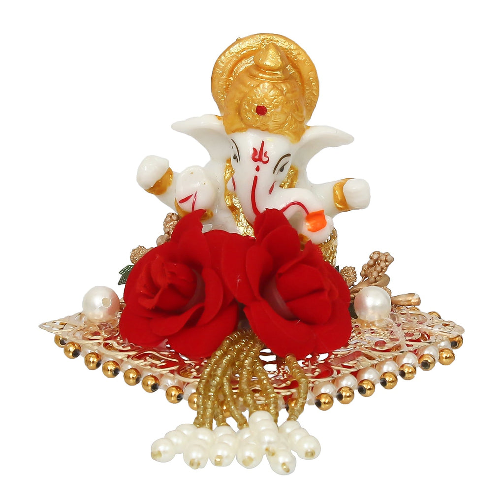Polyresin Lord Ganesha Idol on Decorative Handcrafted Plate for Home and Car Dashboard Kafalo