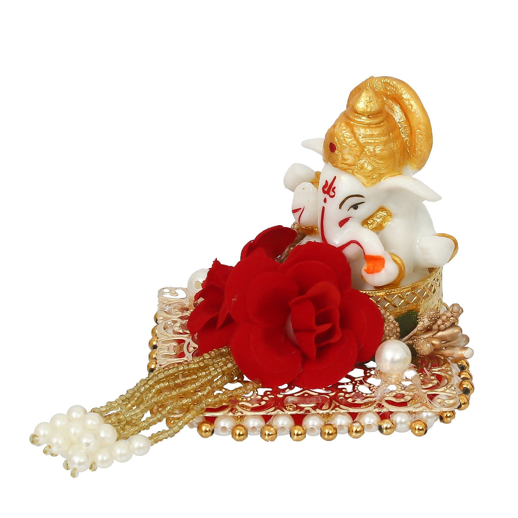 Polyresin Lord Ganesha Idol on Decorative Handcrafted Plate for Home and Car Dashboard Kafalo
