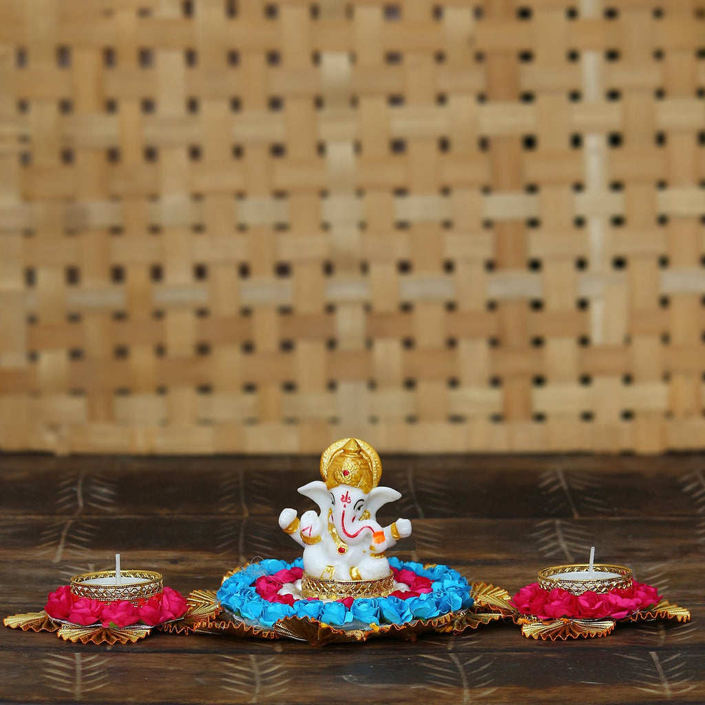 Lord Ganesha Idol On Decorative Plate With 2 Tea Light Holders Kafalo