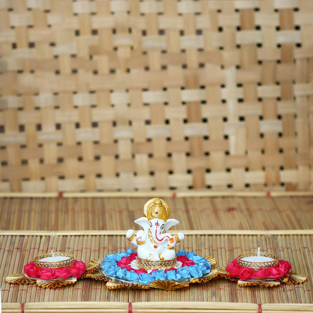 Lord Ganesha Idol On Decorative Plate With 2 Tea Light Holders Kafalo