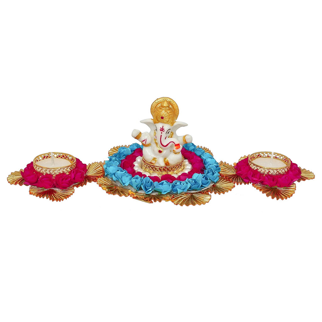 Lord Ganesha Idol On Decorative Plate With 2 Tea Light Holders Kafalo