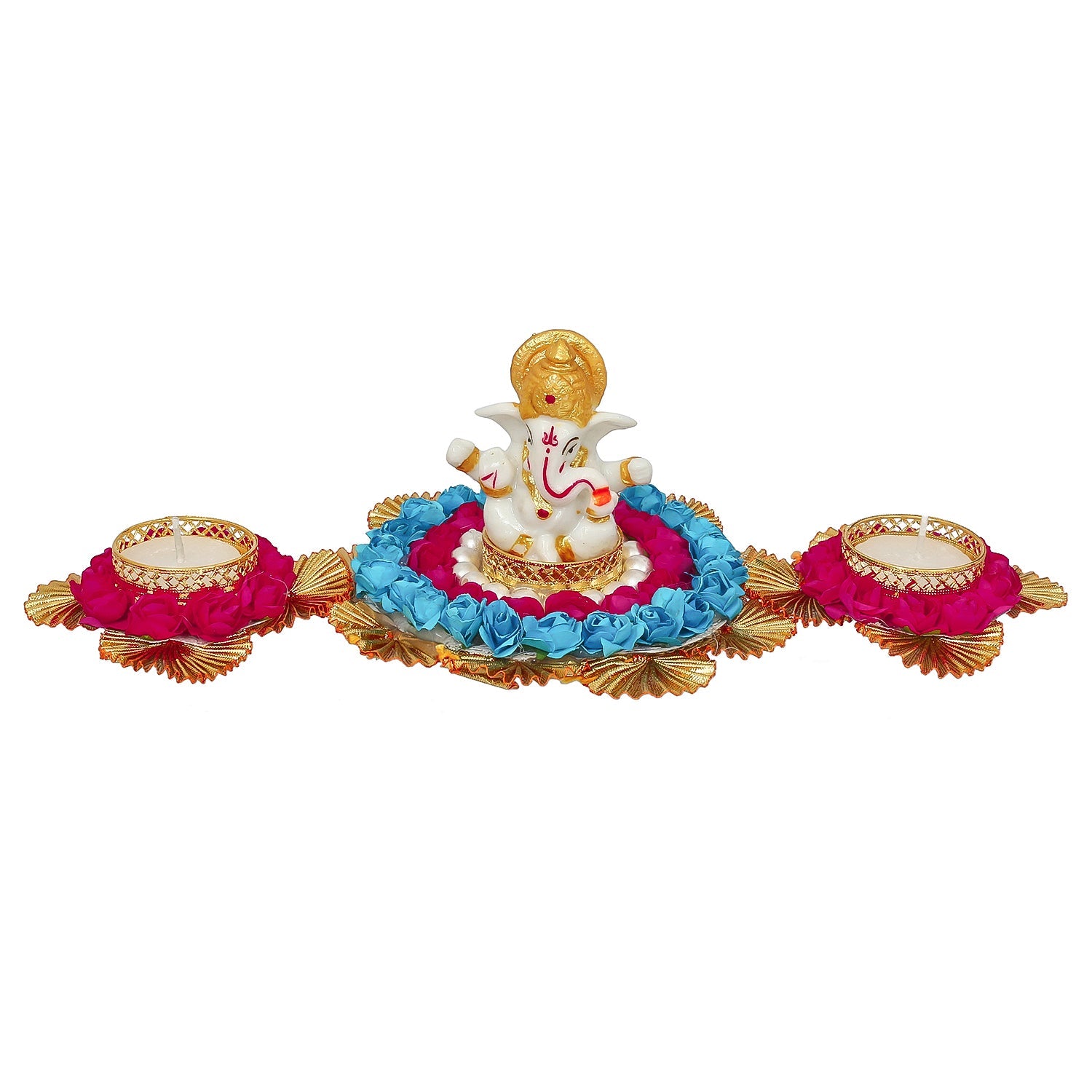 Lord Ganesha Idol On Decorative Plate With 2 Tea Light Holders Kafalo