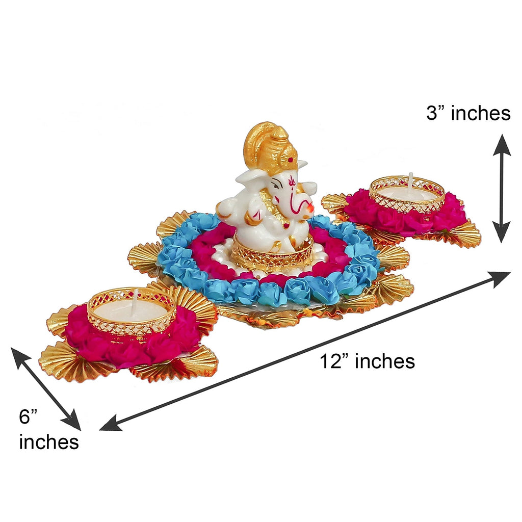 Lord Ganesha Idol On Decorative Plate With 2 Tea Light Holders Kafalo