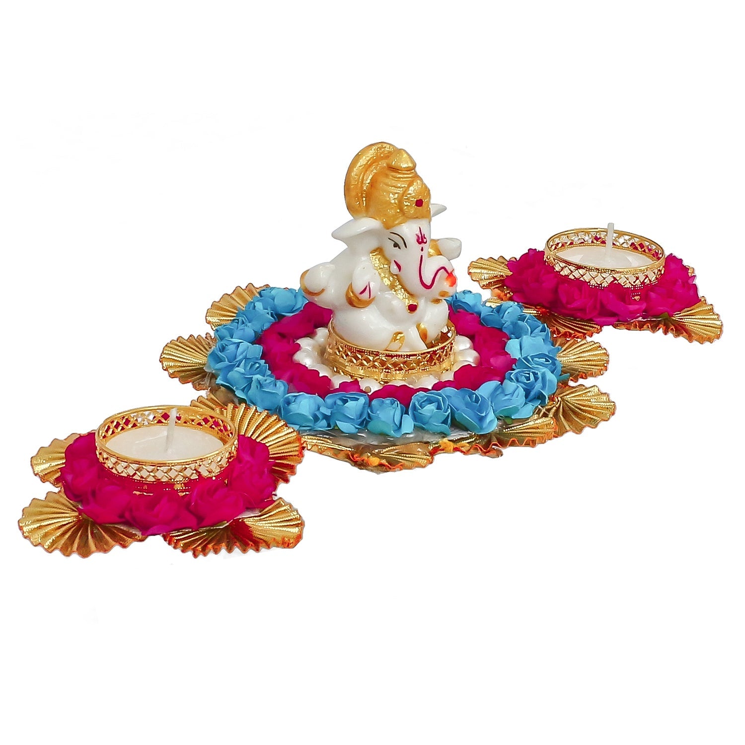 Lord Ganesha Idol On Decorative Plate With 2 Tea Light Holders Kafalo