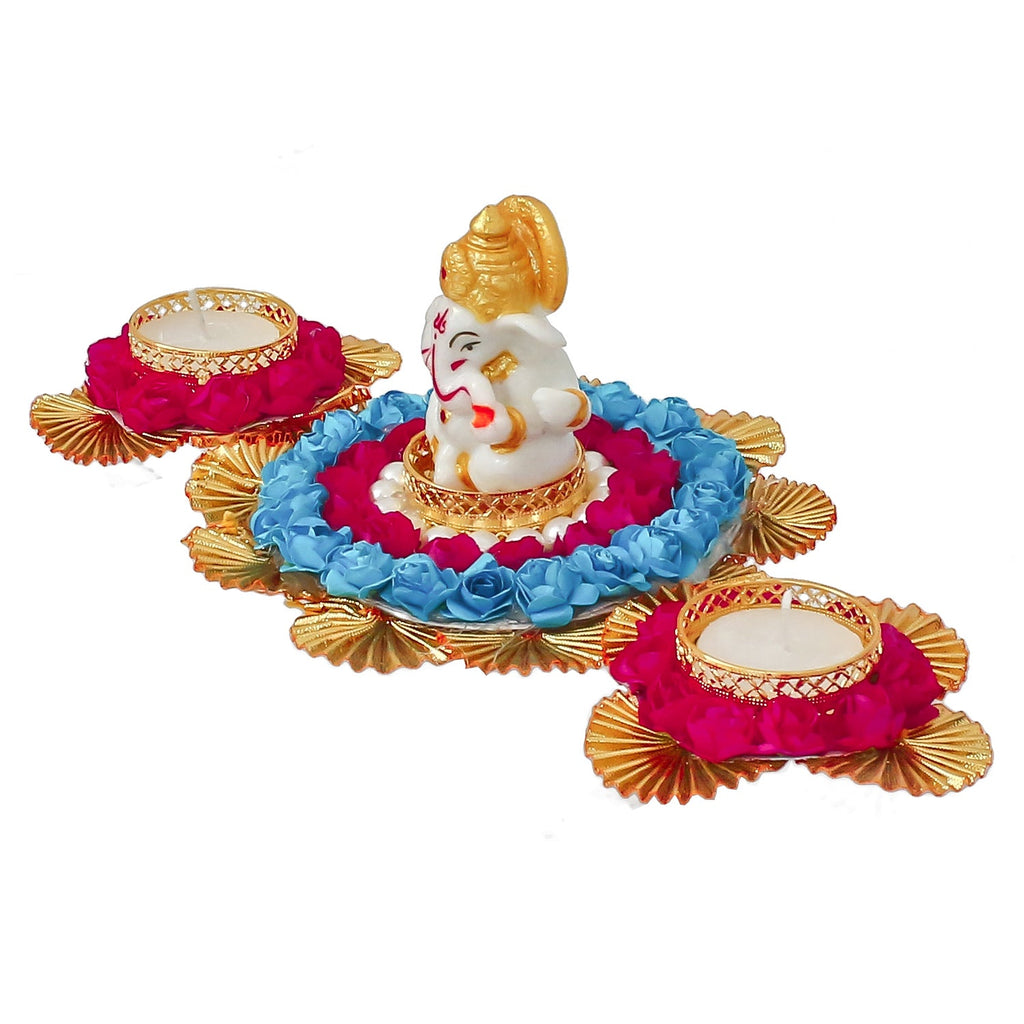 Lord Ganesha Idol On Decorative Plate With 2 Tea Light Holders Kafalo