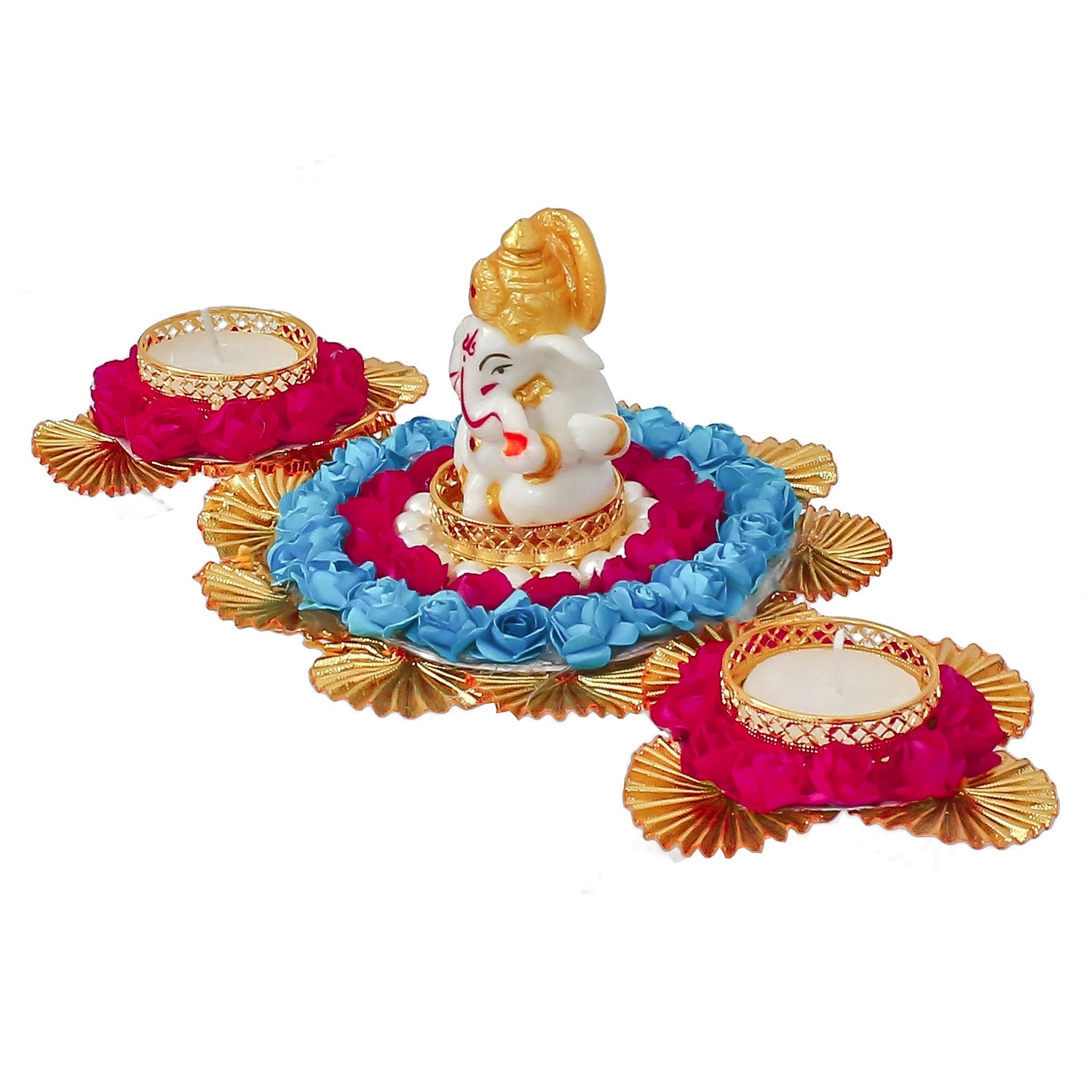 Lord Ganesha Idol On Decorative Plate With 2 Tea Light Holders Kafalo