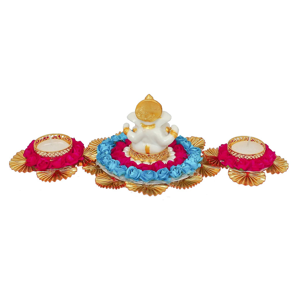 Lord Ganesha Idol On Decorative Plate With 2 Tea Light Holders Kafalo