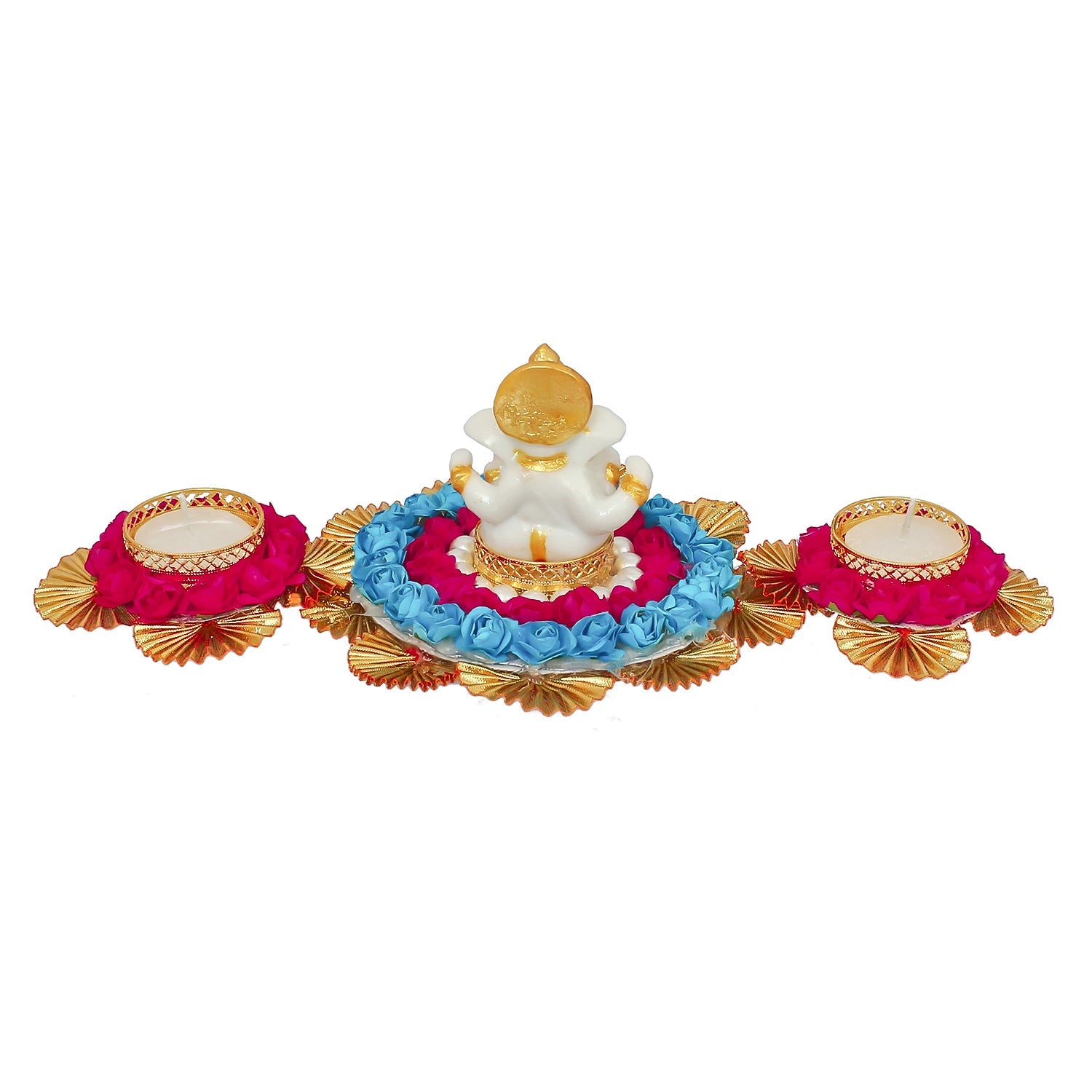 Lord Ganesha Idol On Decorative Plate With 2 Tea Light Holders Kafalo