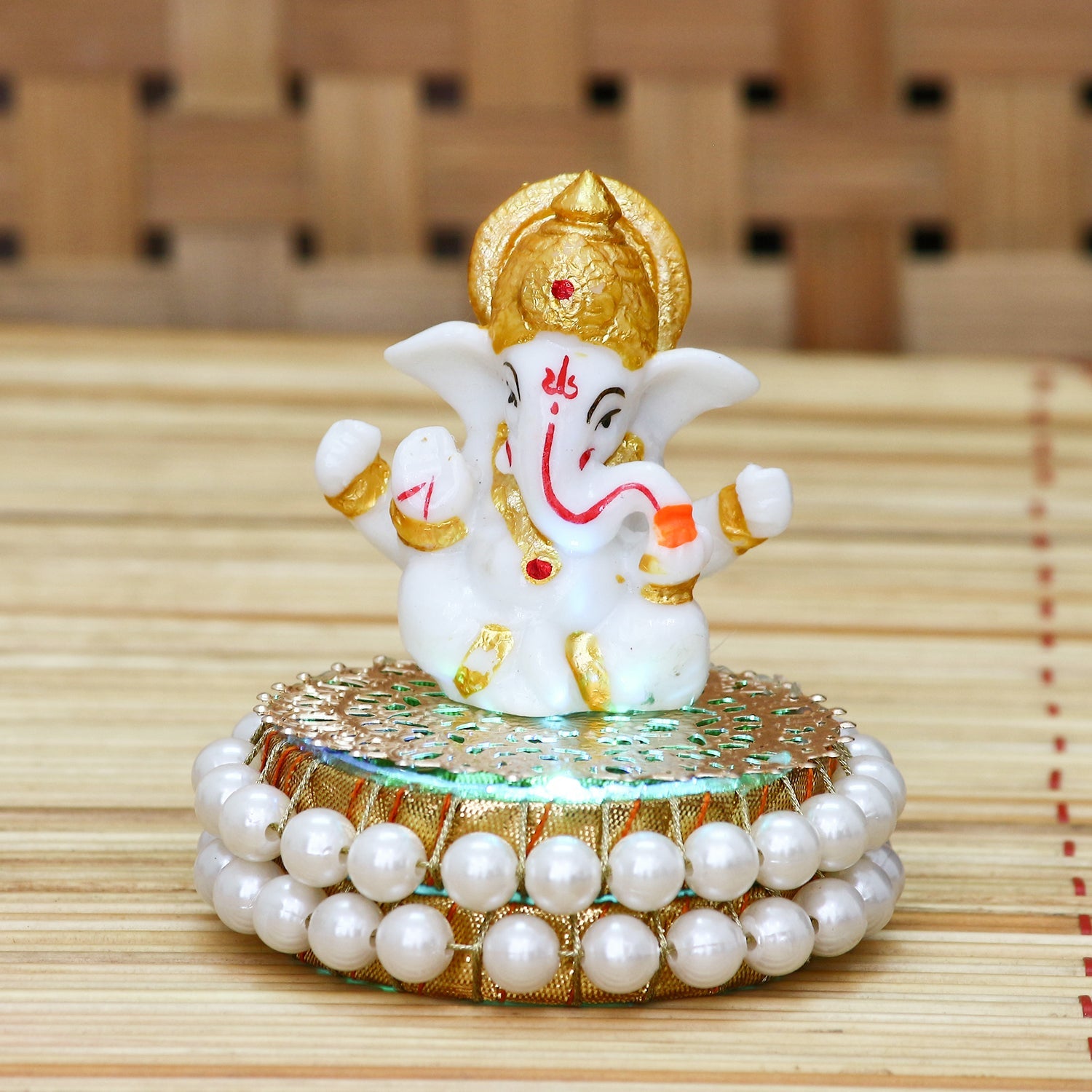 Gold and White Polyresin Lord Ganesha Idol on Decorative Handcrafted Plate for Home and Car Dashboard Kafalo