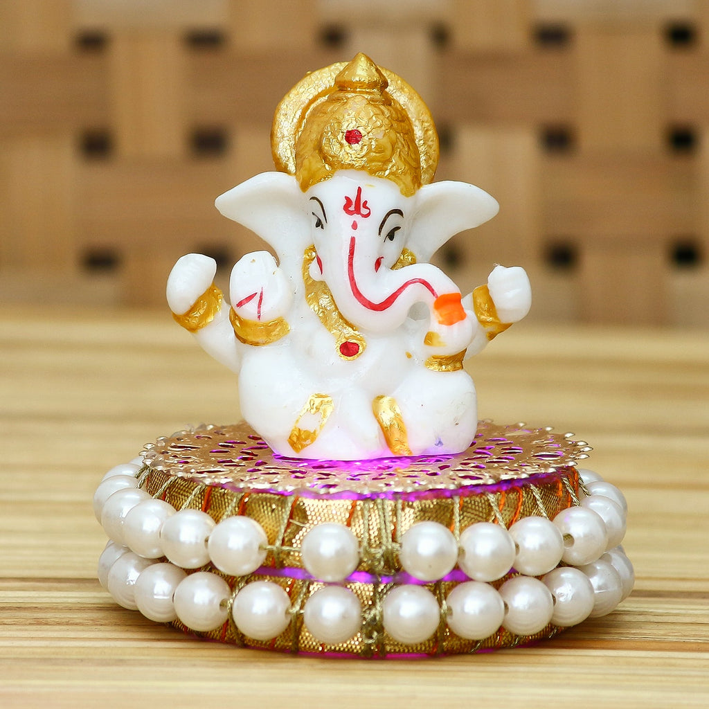 Gold and White Polyresin Lord Ganesha Idol on Decorative Handcrafted Plate for Home and Car Dashboard Kafalo