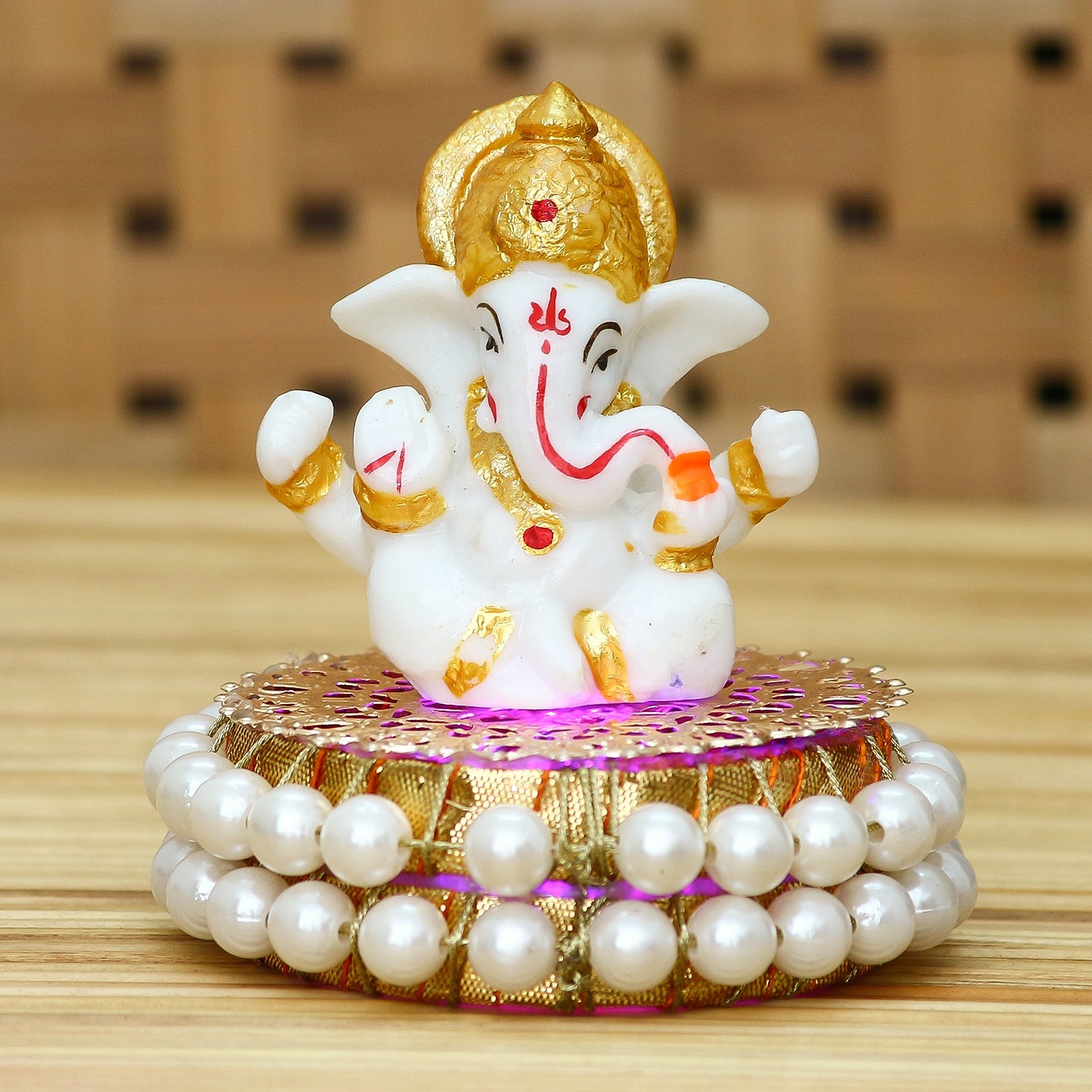 Gold and White Polyresin Lord Ganesha Idol on Decorative Handcrafted Plate for Home and Car Dashboard Kafalo
