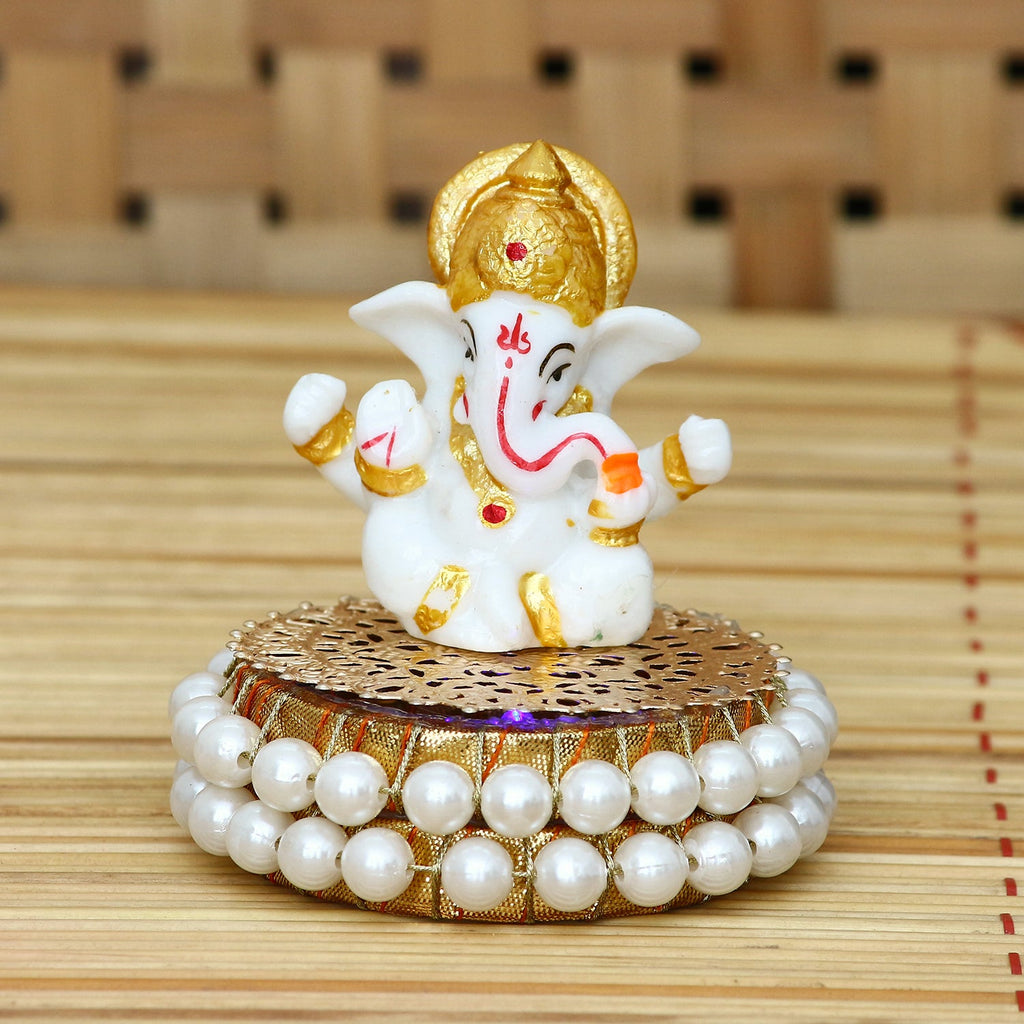 Gold and White Polyresin Lord Ganesha Idol on Decorative Handcrafted Plate for Home and Car Dashboard Kafalo