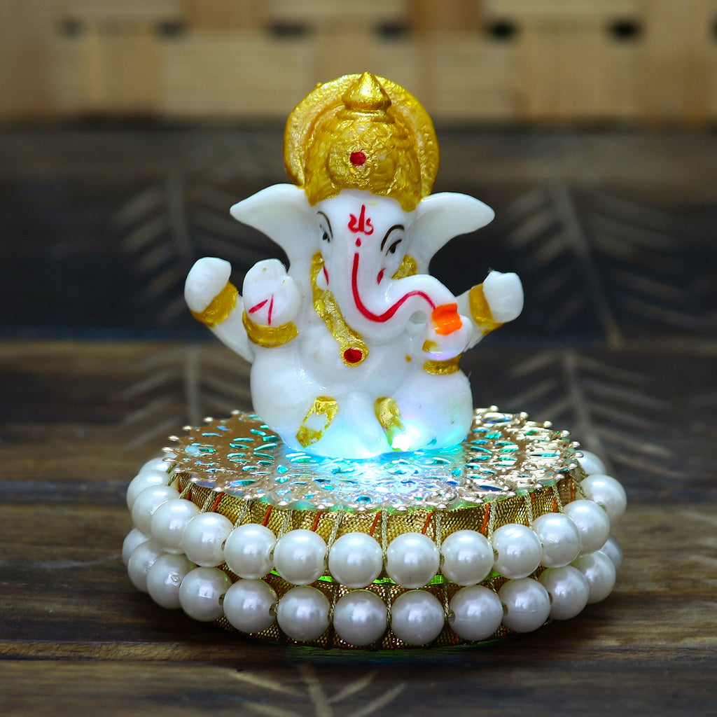 Gold and White Polyresin Lord Ganesha Idol on Decorative Handcrafted Plate for Home and Car Dashboard Kafalo