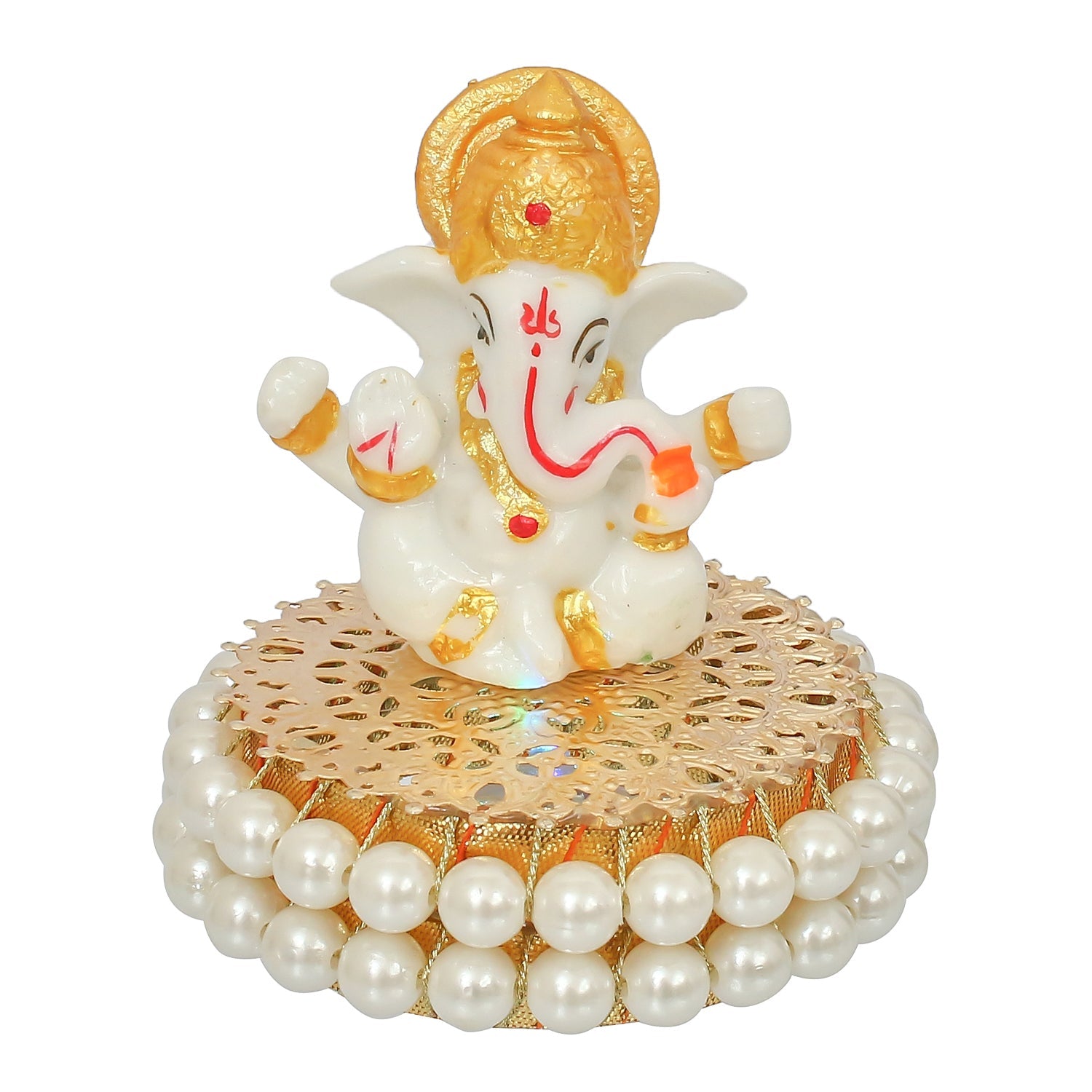 Gold and White Polyresin Lord Ganesha Idol on Decorative Handcrafted Plate for Home and Car Dashboard Kafalo
