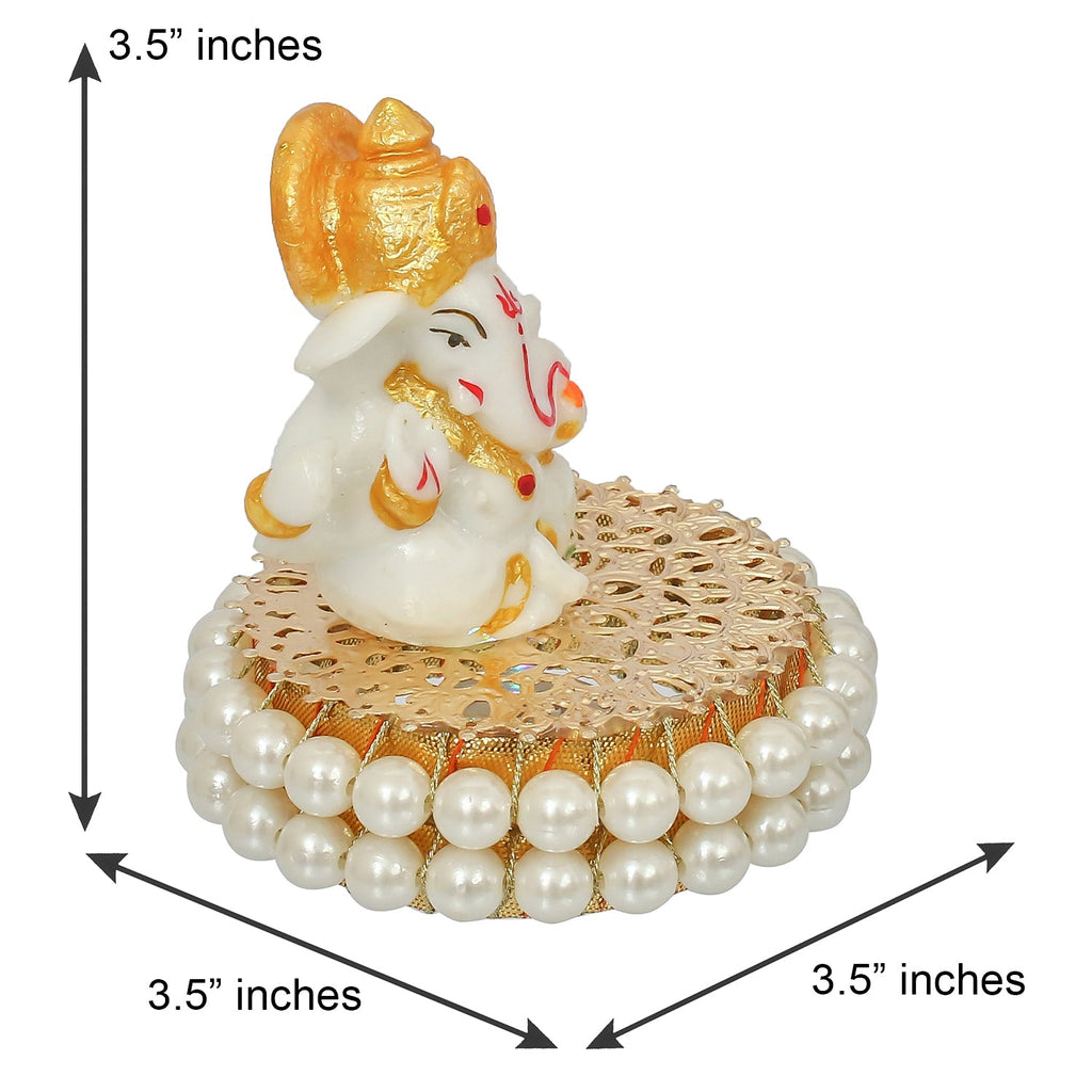 Gold and White Polyresin Lord Ganesha Idol on Decorative Handcrafted Plate for Home and Car Dashboard Kafalo