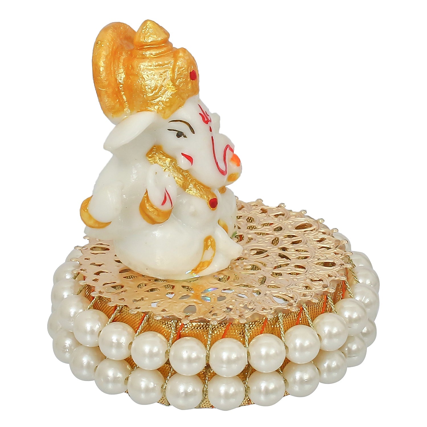 Gold and White Polyresin Lord Ganesha Idol on Decorative Handcrafted Plate for Home and Car Dashboard Kafalo