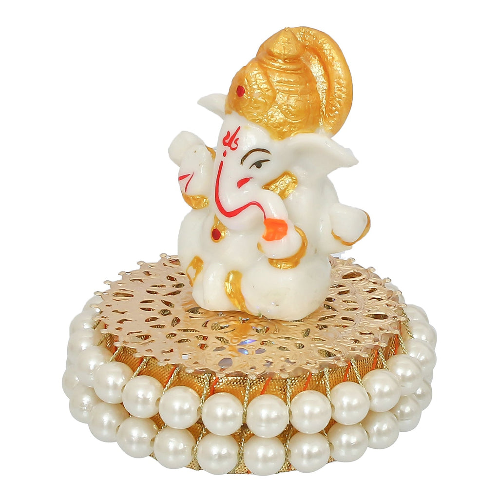 Gold and White Polyresin Lord Ganesha Idol on Decorative Handcrafted Plate for Home and Car Dashboard Kafalo