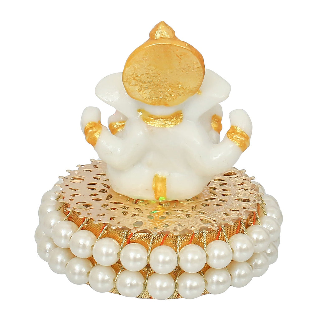 Gold and White Polyresin Lord Ganesha Idol on Decorative Handcrafted Plate for Home and Car Dashboard Kafalo