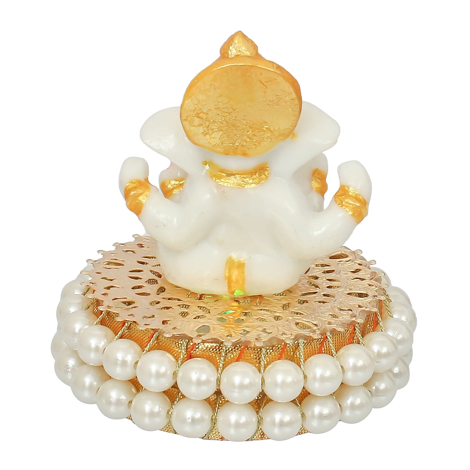 Gold and White Polyresin Lord Ganesha Idol on Decorative Handcrafted Plate for Home and Car Dashboard Kafalo