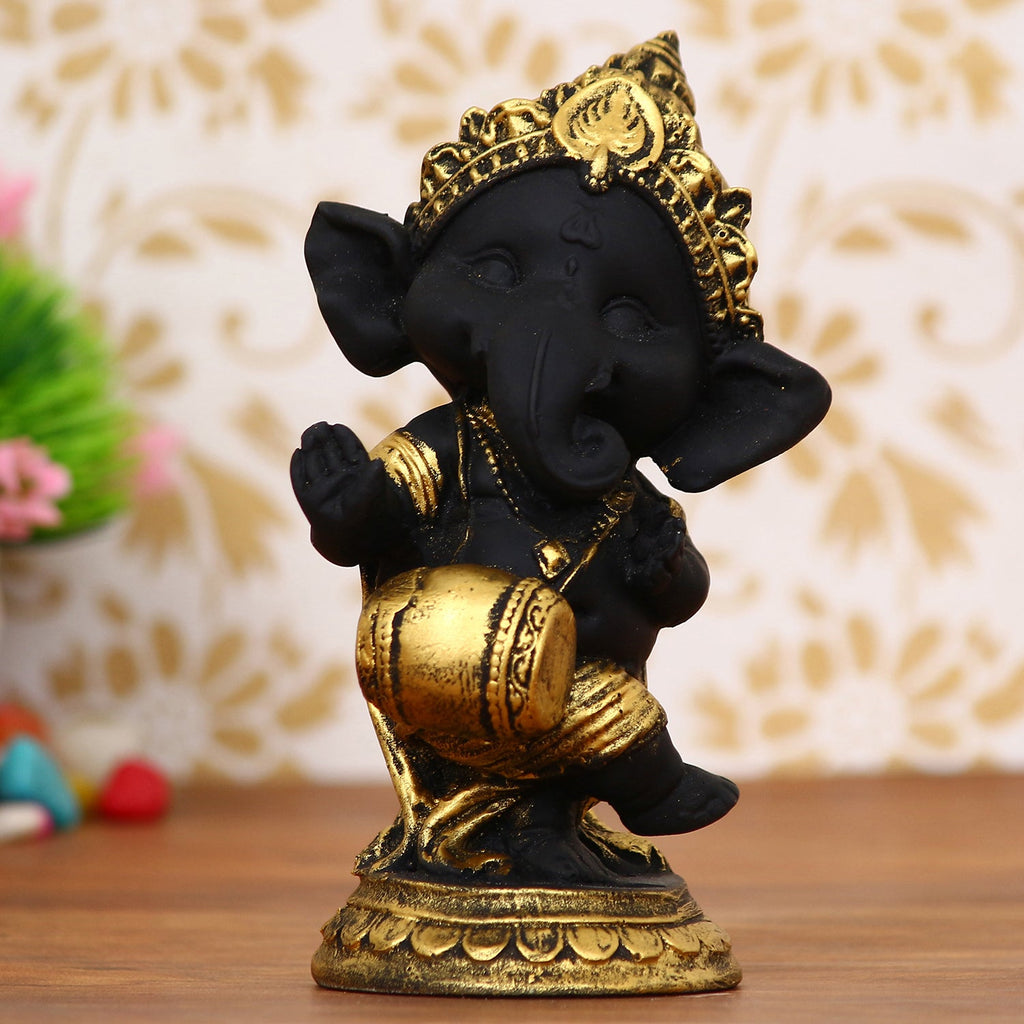 Golden And Black Lord Ganesha Idol Playing Dholak Decorative Showpiece Kafalo