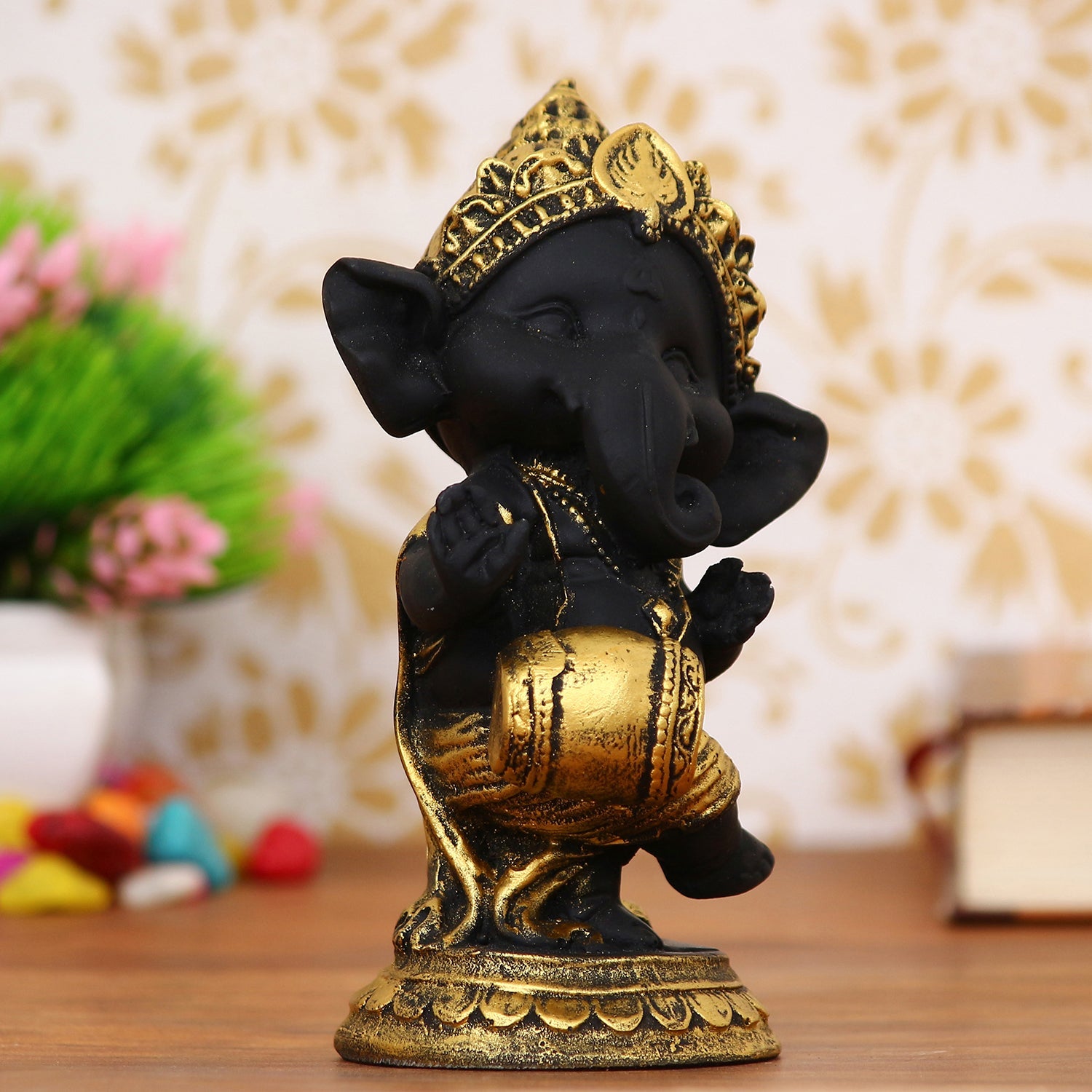 Golden And Black Lord Ganesha Idol Playing Dholak Decorative Showpiece Kafalo