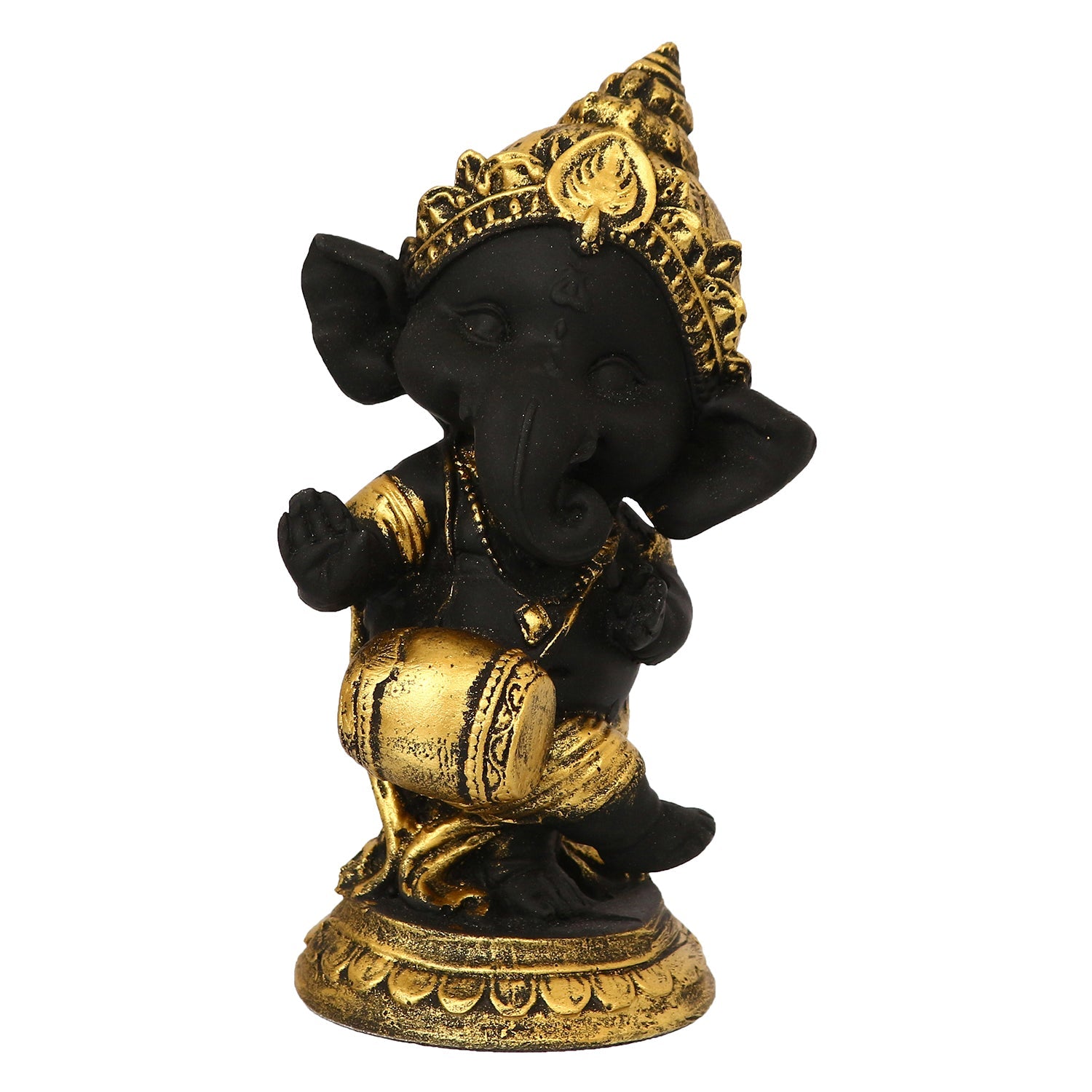 Golden And Black Lord Ganesha Idol Playing Dholak Decorative Showpiece Kafalo