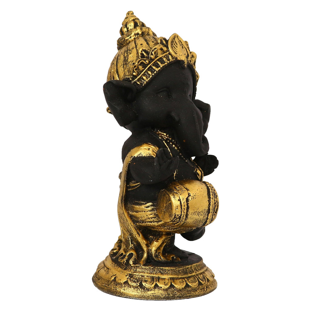 Golden And Black Lord Ganesha Idol Playing Dholak Decorative Showpiece Kafalo