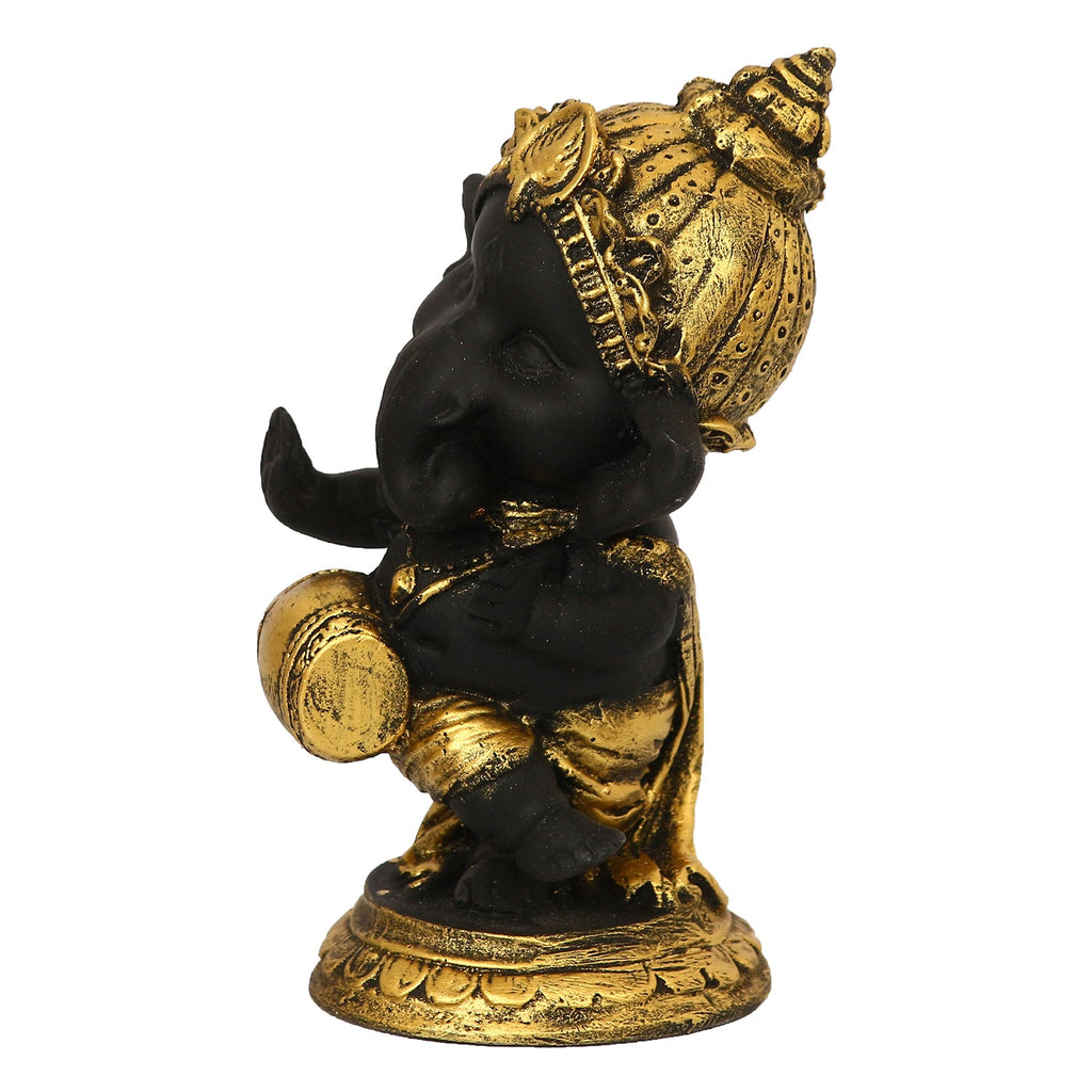 Golden And Black Lord Ganesha Idol Playing Dholak Decorative Showpiece Kafalo