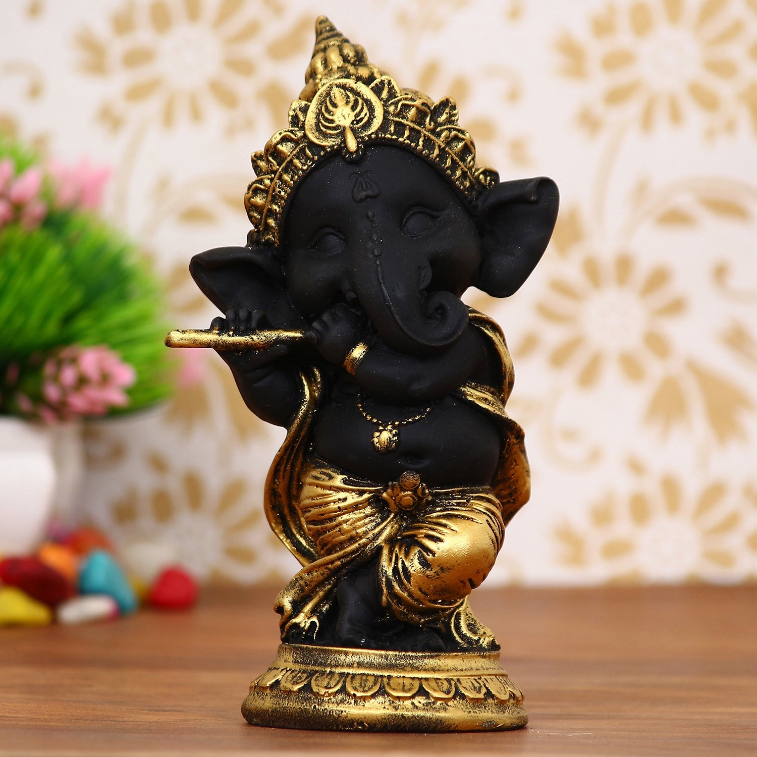 Golden And Black Lord Ganesha Idol Playing Flute Decorative Showpiece Kafalo