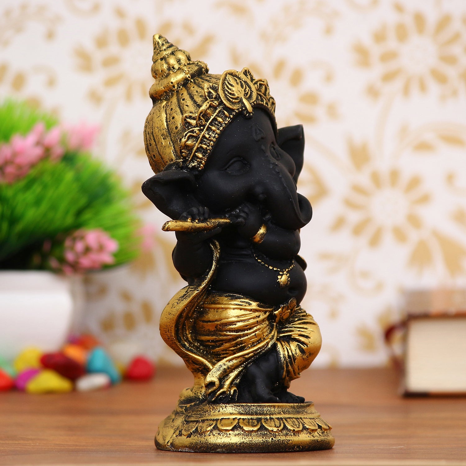 Golden And Black Lord Ganesha Idol Playing Flute Decorative Showpiece Kafalo