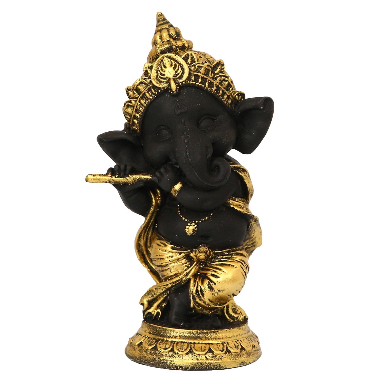 Golden And Black Lord Ganesha Idol Playing Flute Decorative Showpiece Kafalo