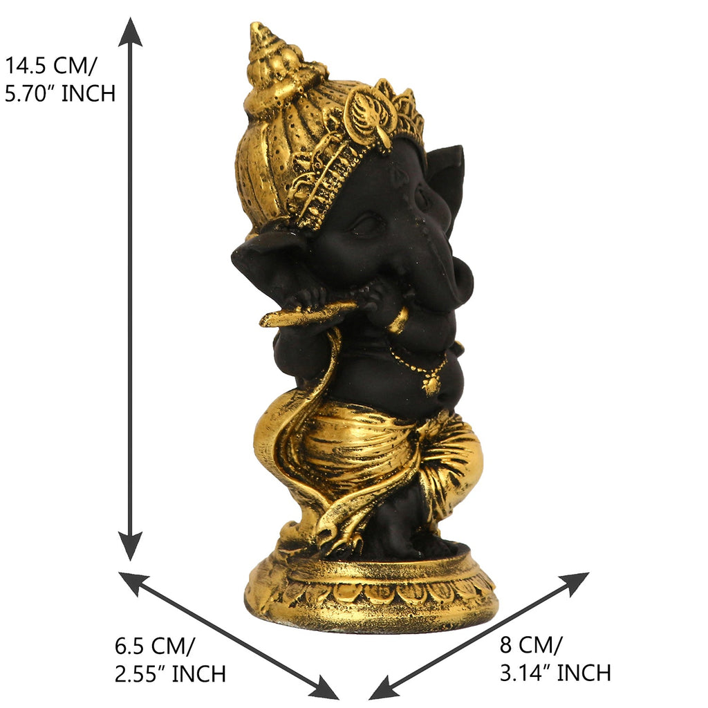Golden And Black Lord Ganesha Idol Playing Flute Decorative Showpiece Kafalo