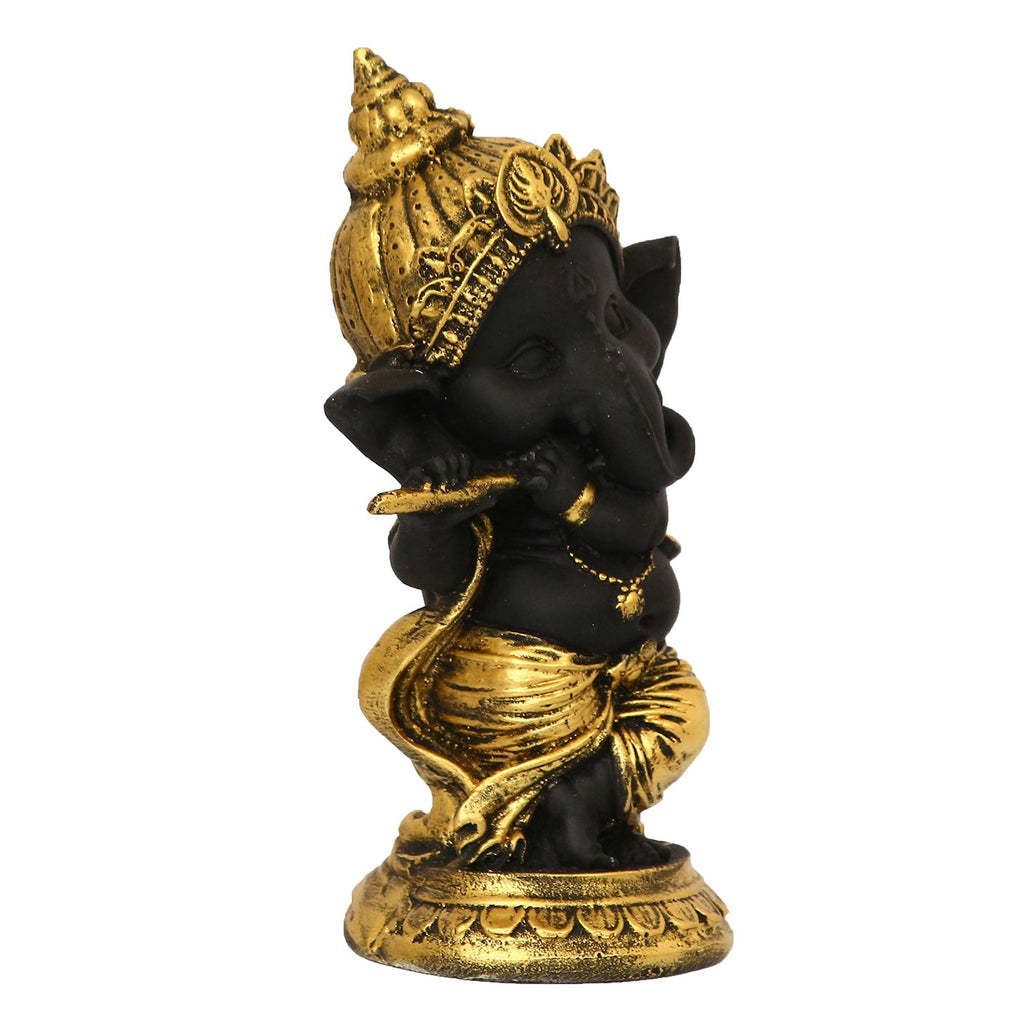 Golden And Black Lord Ganesha Idol Playing Flute Decorative Showpiece Kafalo