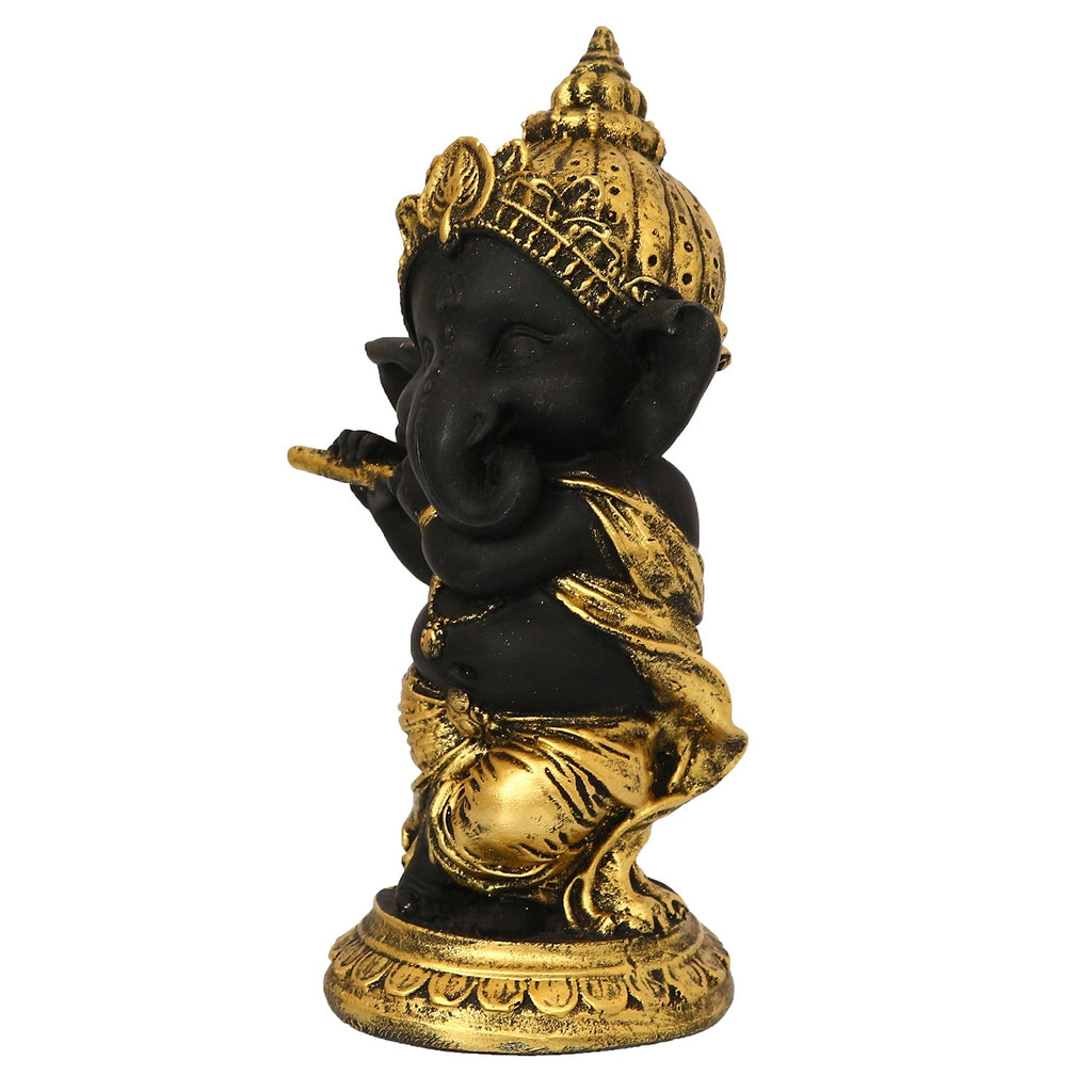 Golden And Black Lord Ganesha Idol Playing Flute Decorative Showpiece Kafalo